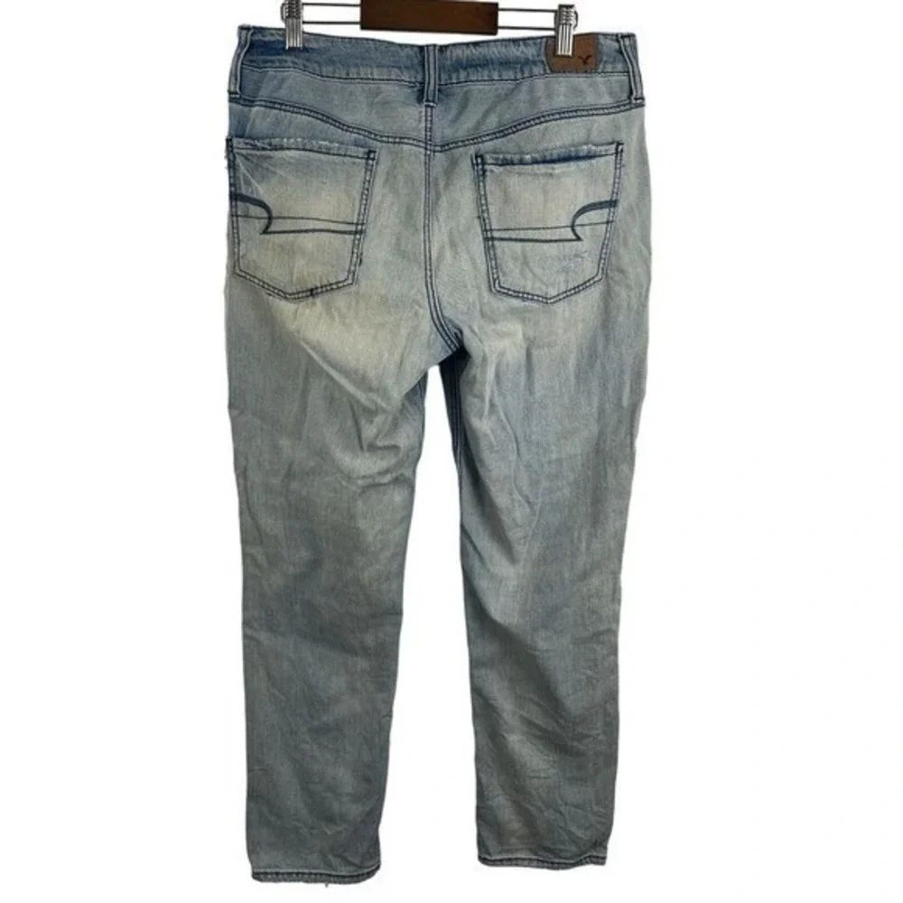 American Eagle Tomgirl Jeans Womens 8 Blue Button Fly‎ Distressed Patched Denim